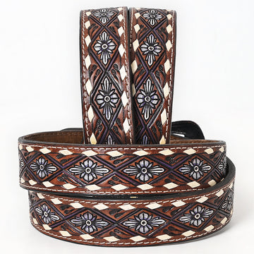 BAR H EQUINE Genuine White Flower Hand Painted Western Leather Men And Women Belt Dark Brown